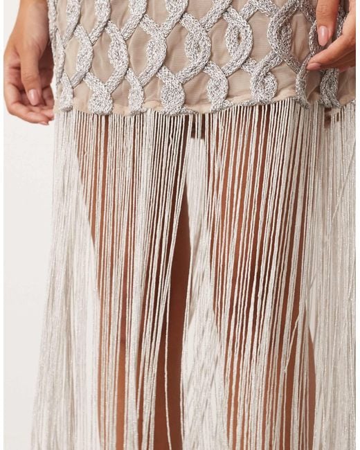 ARRANGE Lattice Grid Mini Dress With Fringe Hem in Natural | Lyst