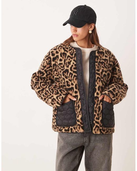 ASOS Natural Leopard Borg Fleece Jacket With Quilted Nylon Detail