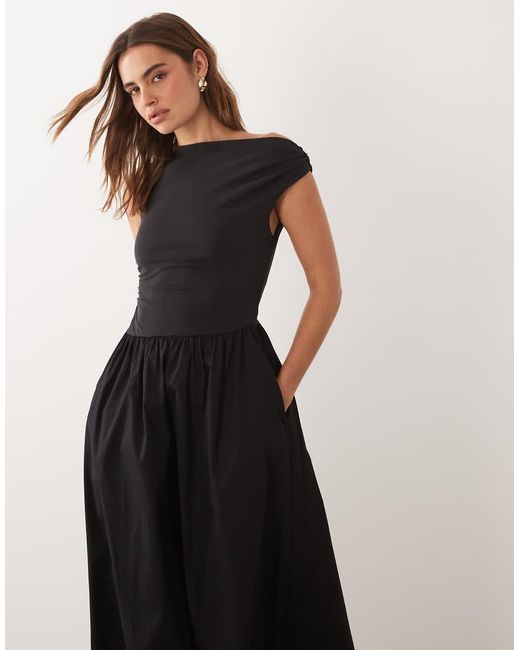 Nobody's Child Black Beth Modal Blend One Shoulder Short Sleeve Pocket Detail Midi Dress