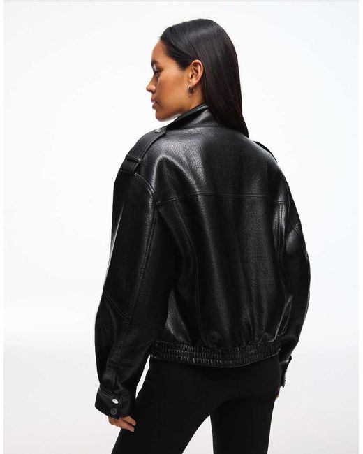 Bershka Black Leather Effect Funnel Neck Jacket