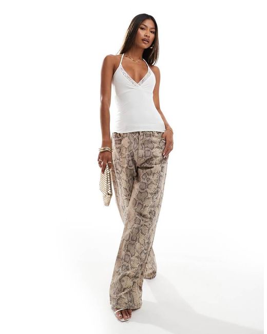 Fashionkilla Brown Slinky Double Layered Wrap Halterneck Top With Lace Trim