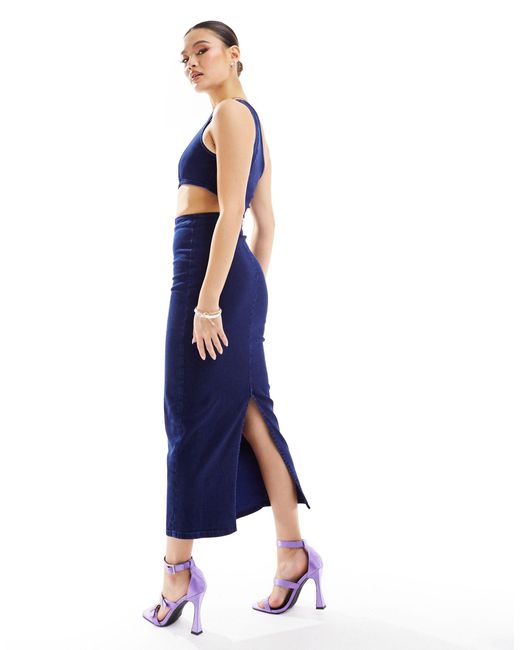 ASOS Blue Denim Cut Out Midi Dress With Asymmetric Neckline
