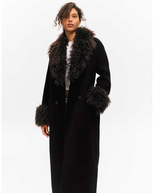 Monki Black Wool Blend Belted Maxi Coat With Fur Collar And Cuffs Detail
