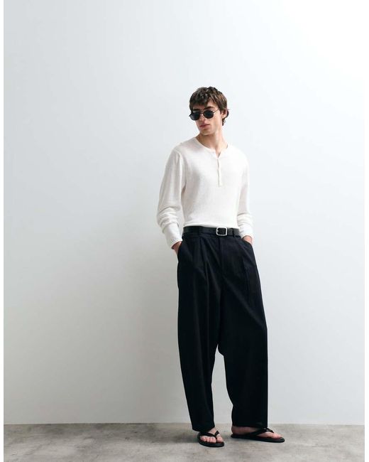 ASOS COLLECTIVE White Relaxed Long Sleeve Linen Rich Henley T-shirt for men