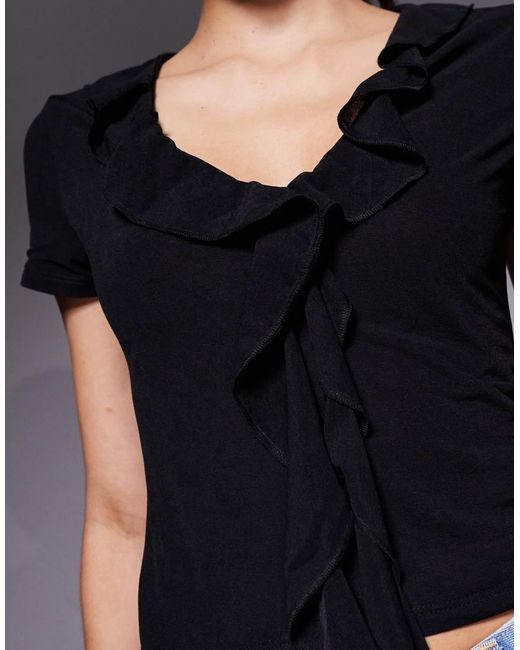 ASOS Gray Semi Sheer Short Sleeve V Neck Ruffle Front Top