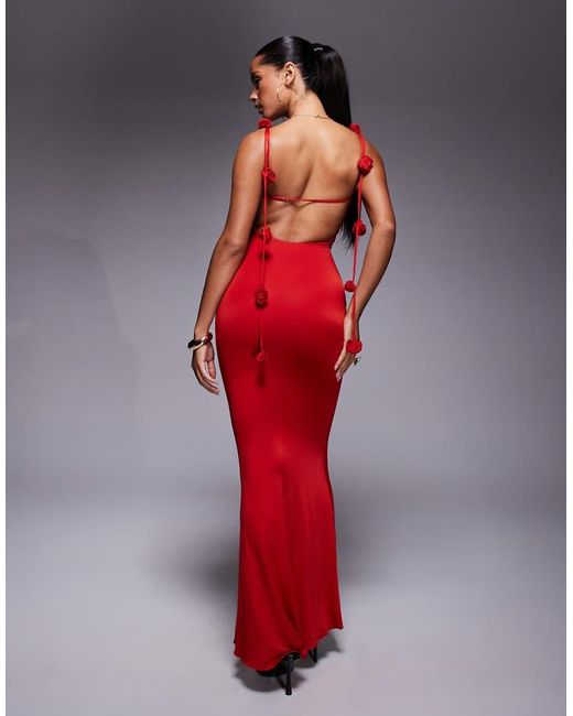Oh Polly Red Aldona Slinky Jersey Rose Detail Maxi Dress