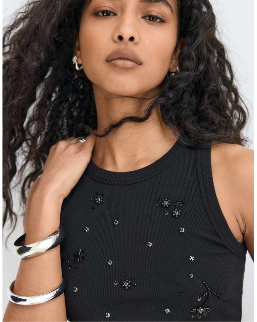 Stradivarius White Jewelled Racerback Top