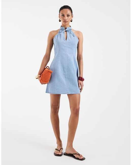 ASOS Blue Mandarin Collar Mini Dress With Key Hole Detail