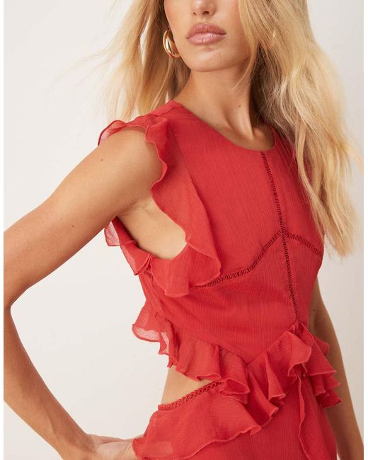 ASOS Red High Neck Ruffle Maxi Dress With Lace Inserts