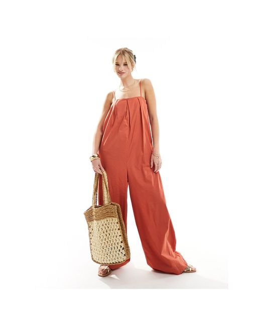 ASOS Red Pleated Square Neck Wide Leg Jumpsuit