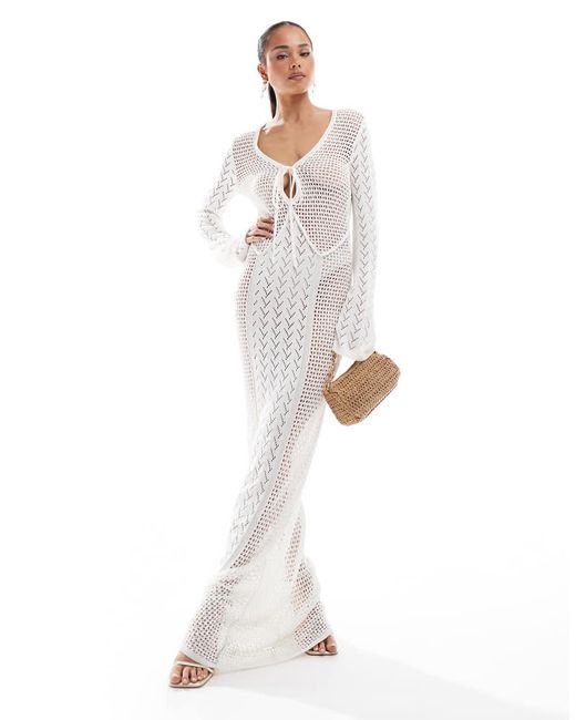 4th & Reckless White Crochet Flared Sleeve Keyhole Detail Maxi Beach Dress