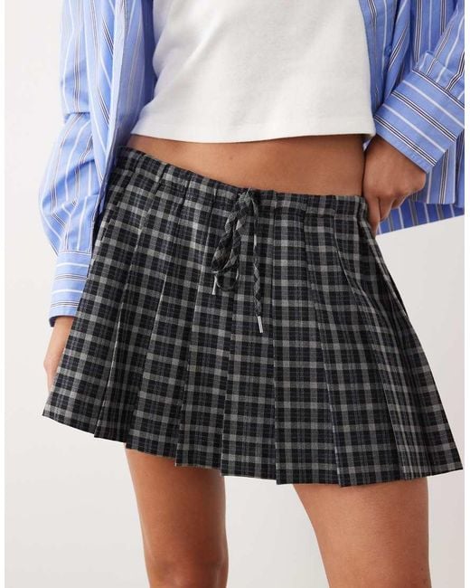 GOOD AMERICAN Blue Low Rise Elasticated Waist Bow Detail Pleated Mini Skirt