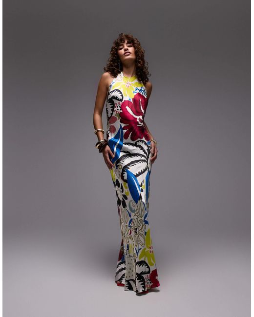 Robe longue à imprimé fleuri coloré et dos nu TOPSHOP en coloris Gray