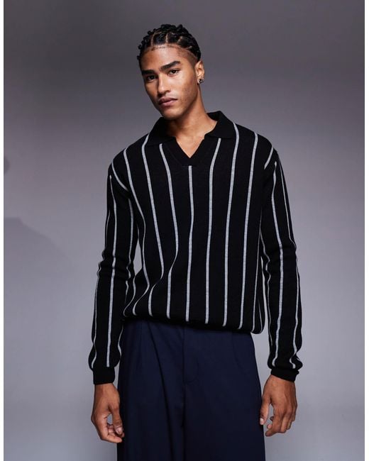 ASOS Blue Relaxed Knitted Stripe Notch Neck Polo for men
