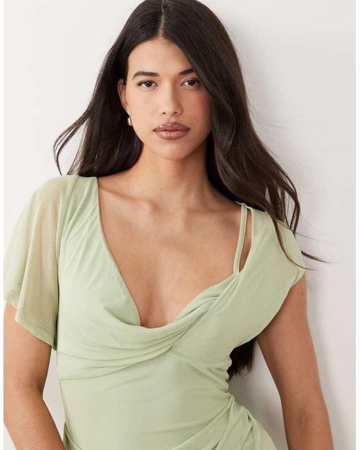 ASOS Green Draped Mesh Asymmetric Sleeve Maxi Dress