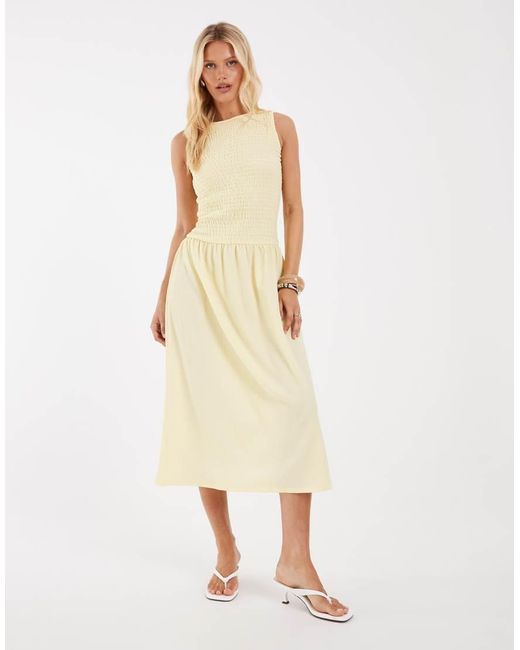 Pieces Natural Smocked Drop Waist Textured Midi Dress