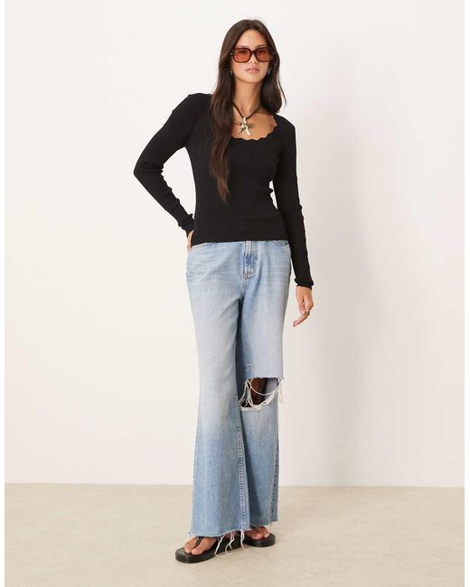 Jdy Black Scallop Edge Long Sleeve Top