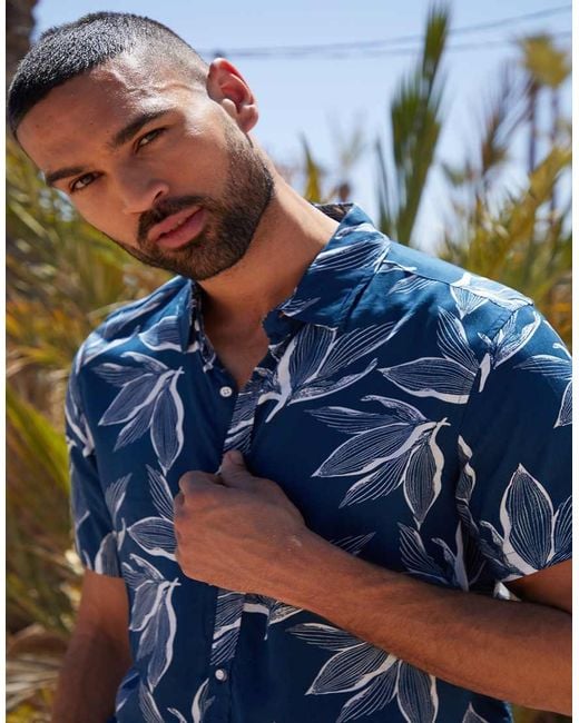 Threadbare Blue 'Foliage' Leaf Print Short Sleeve Shirt for men