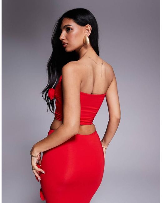 Wanderdoll Red Posie Sculpting Second Skin Corsage Detail Bandeau Crop Top