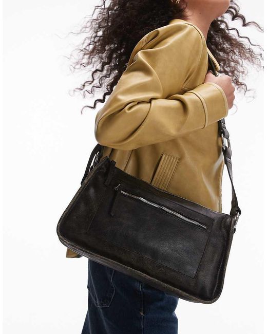 Mango Black Square Worn Leather Effect Shoulder Bag