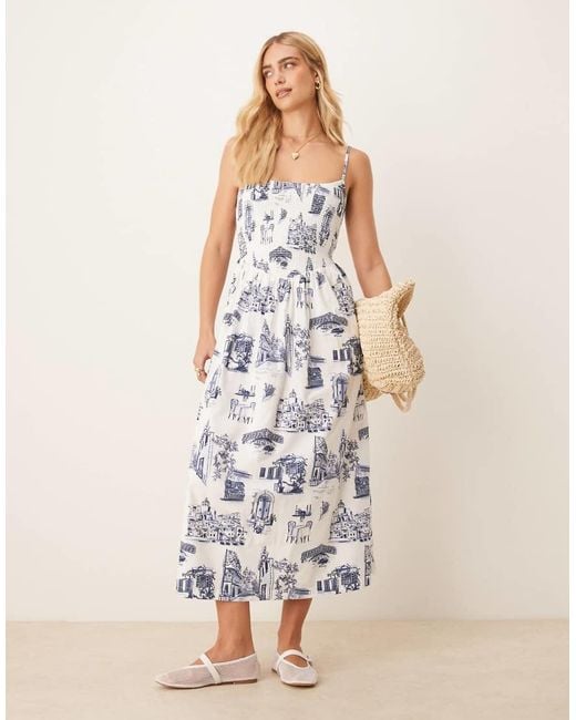 Abercrombie & Fitch White Dipped Waist Smocked Poplin Midi Dress
