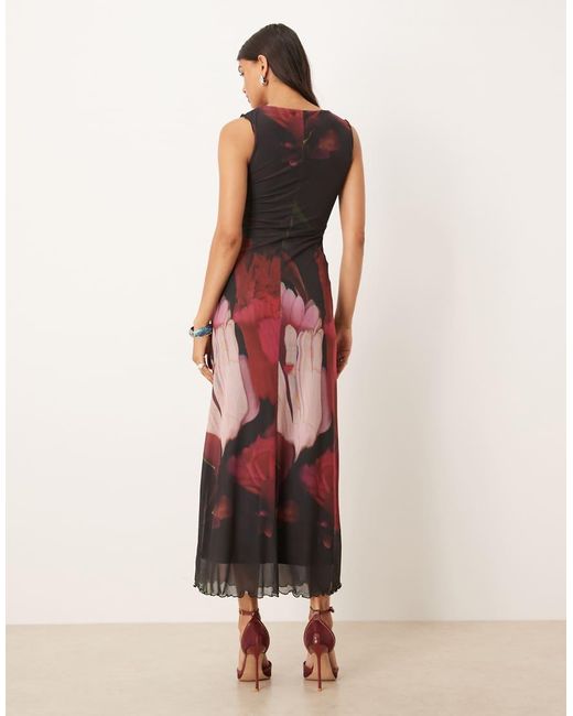 ASOS Multicolor Printed Mesh Maxi Dress With Lettuce Hem And Key Hole