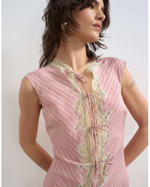TOPSHOP Pink Delicate Tie Front Maxi Dress With Lace Insert
