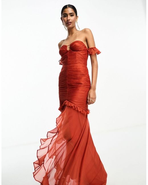 ASOS Red Bardot Ruched Detail High Low Maxi Dress