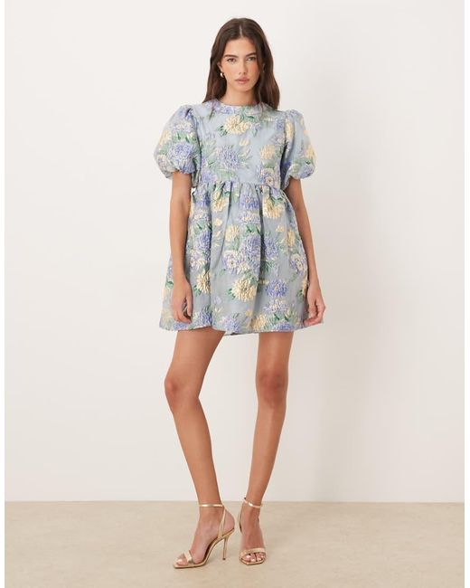 Sister Jane Blue Dream Honey Exclusive Jacquard Puff Sleeve Mini Dress