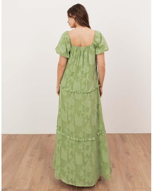 ANAYA Green Floral Burnout Short Sleeve Tiered Maxi Dress
