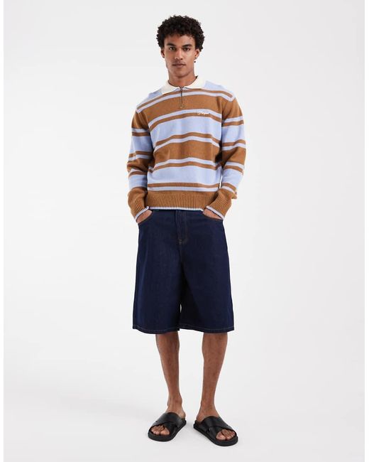 Pompeii UK Blue Pompeii Striped Knitted Zip Up Rugby Polo Shirt for men