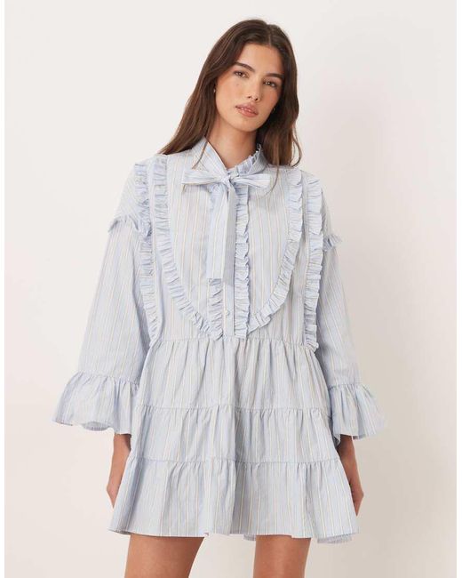 Sister Jane White Pure Cotton Pinstripe Pussybow Bell Sleeve Mini Dress