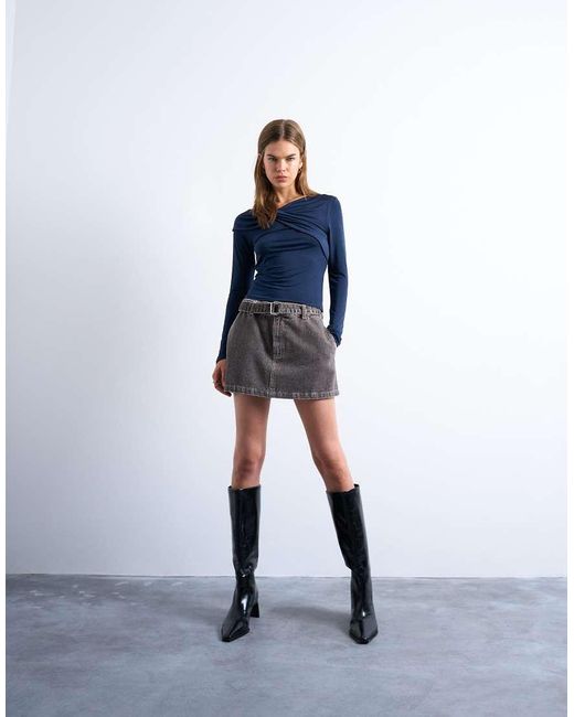 TOPSHOP Blue Microfibre Draped Long Sleeve Top