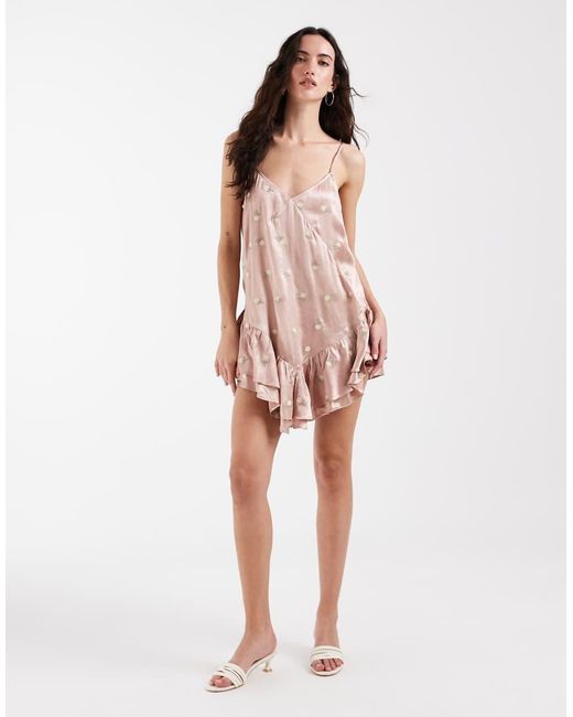 Muse Assembly Pink Boho Crushed Satin Asymmetric Ruffle Mini Dress With Floral Embroidery