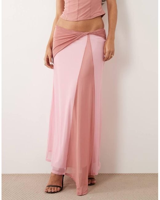 ASOS Pink Mesh Co-ord Contrast Midi Skirt With Waist Detail