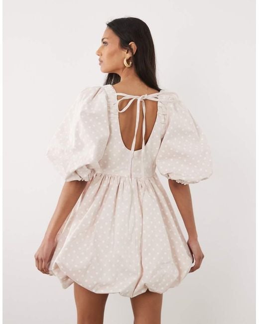 Sister Jane Natural Denim Polka Dot Puff Sleeve Bubble Hem Mini Dress