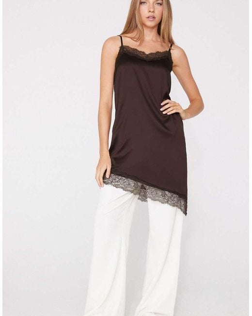 Tezenis Brown Asymmetric Satin And Lace Slip Dress