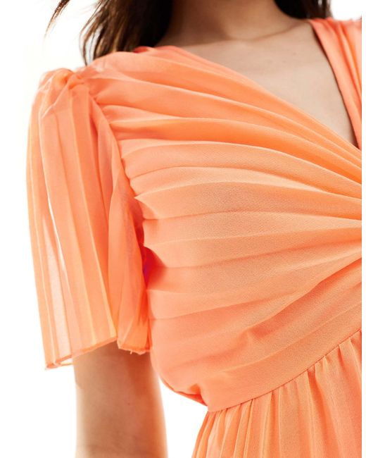 ASOS White Pleated Bodice Flutter Sleeve Pleat Midi Dress