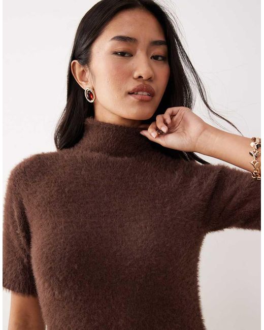 Pretty Lavish Brown Fluffy Knit Turtle Neck Short Sleeve Maxi Dress