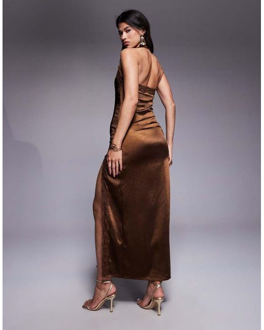 The Frolic Brown Exclusive Satin Lace Trim Plunge Tie Detail Maxi Dress