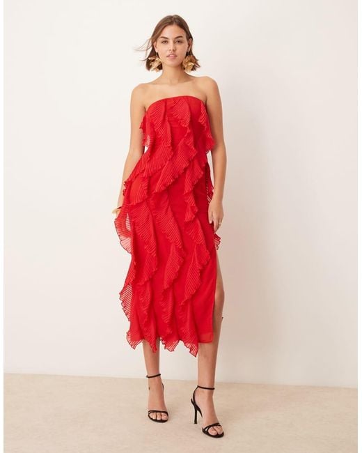 Pretty Lavish Red Strapless Ruffle Midi Dress