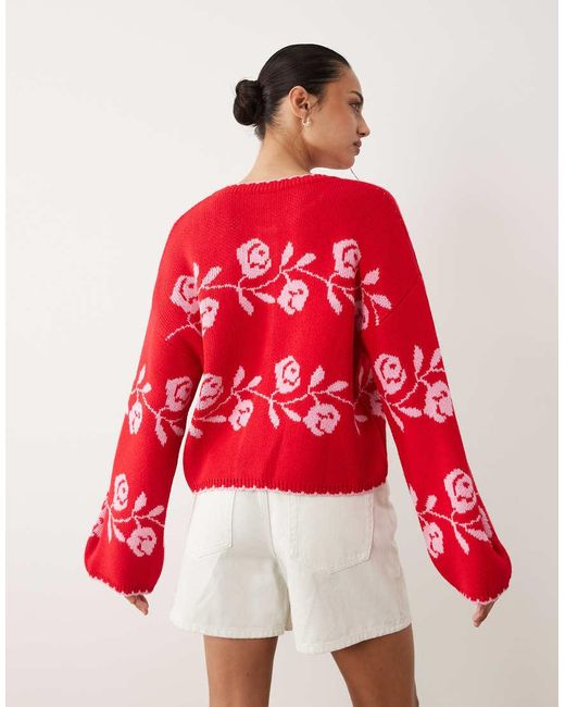 Miss Selfridge Red Knitted Blanket Stitch Cardigan With Florals