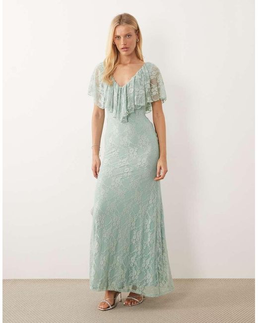 ASOS Green Ruffle Detail V Neck Lace Maxi Dress