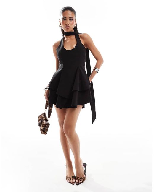 Murci Black Exclusive Halterneck Ruffle Skirt Mini Dress