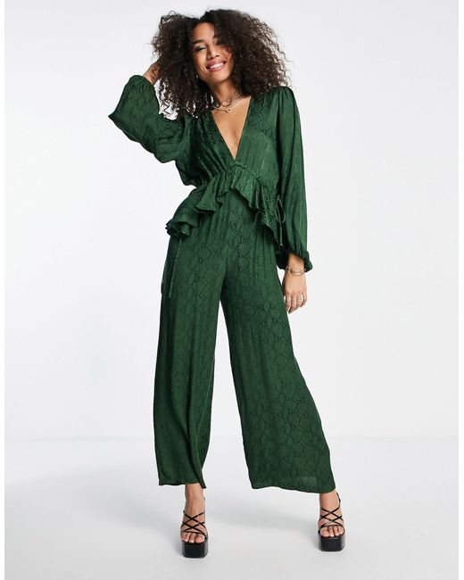 TOPSHOP Snake Jacquard Ruched Waist Jumpsuit in Green | Lyst