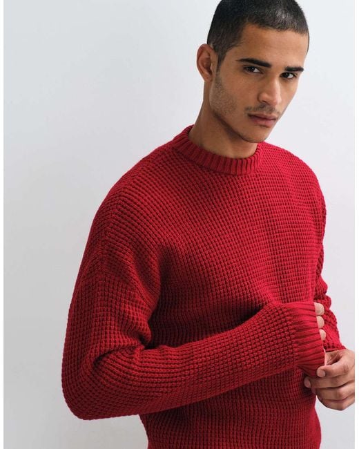 ASOS Red Oversized Chunky Waffle Knitted Jumper for men