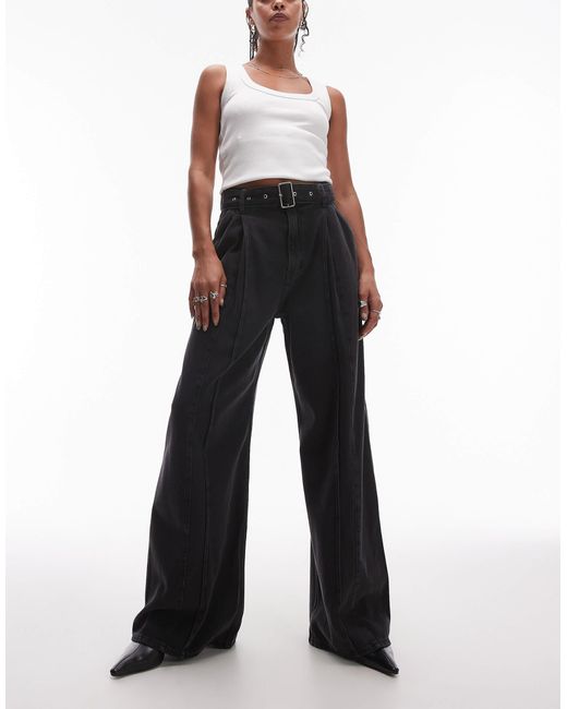& Other Stories Blue Belted Wide Jeans With Front Seam Detail