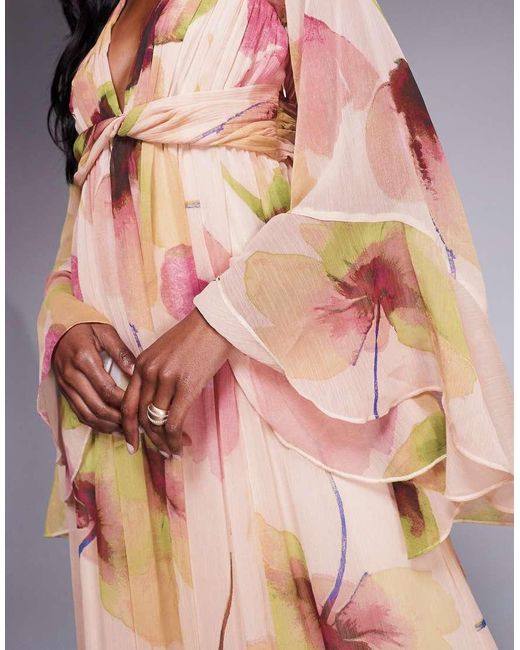 ASOS Multicolor Fluted Sleeve Twist Front Maxi With Plunge Neckline