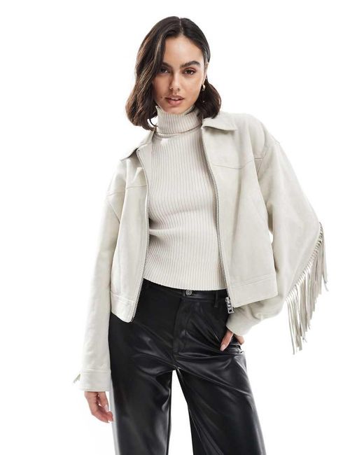 Bershka Gray Faux Suede Fringe Detail Jacket