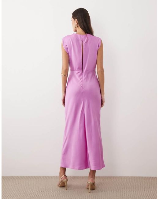 ASOS Pink Satin High Neck Pleated Bodice Midi Dress